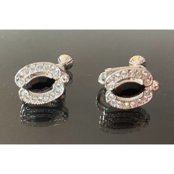 NAPIER Silver Tone Onyx Pumpkin Earrings Screw Back Signed Spice Fall Rhinestone - Picture 3 of 3